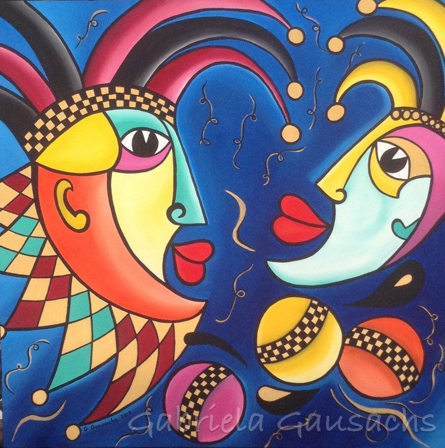 Colorful Picasso-style portrait that inspired the Café Momus logo