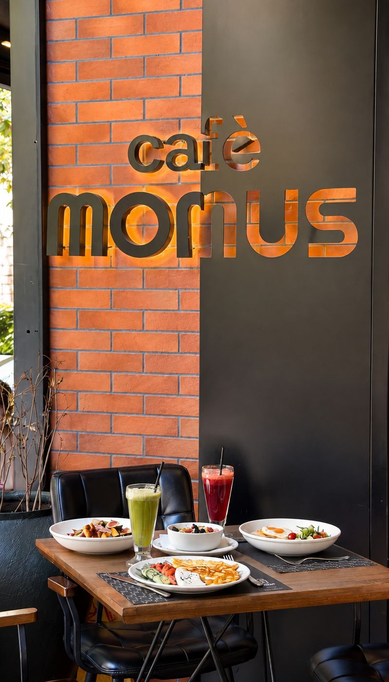 Café Momus sign with a breakfast table below